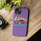 Stylish purple iPhone case with bold Llantas Calientes graphic