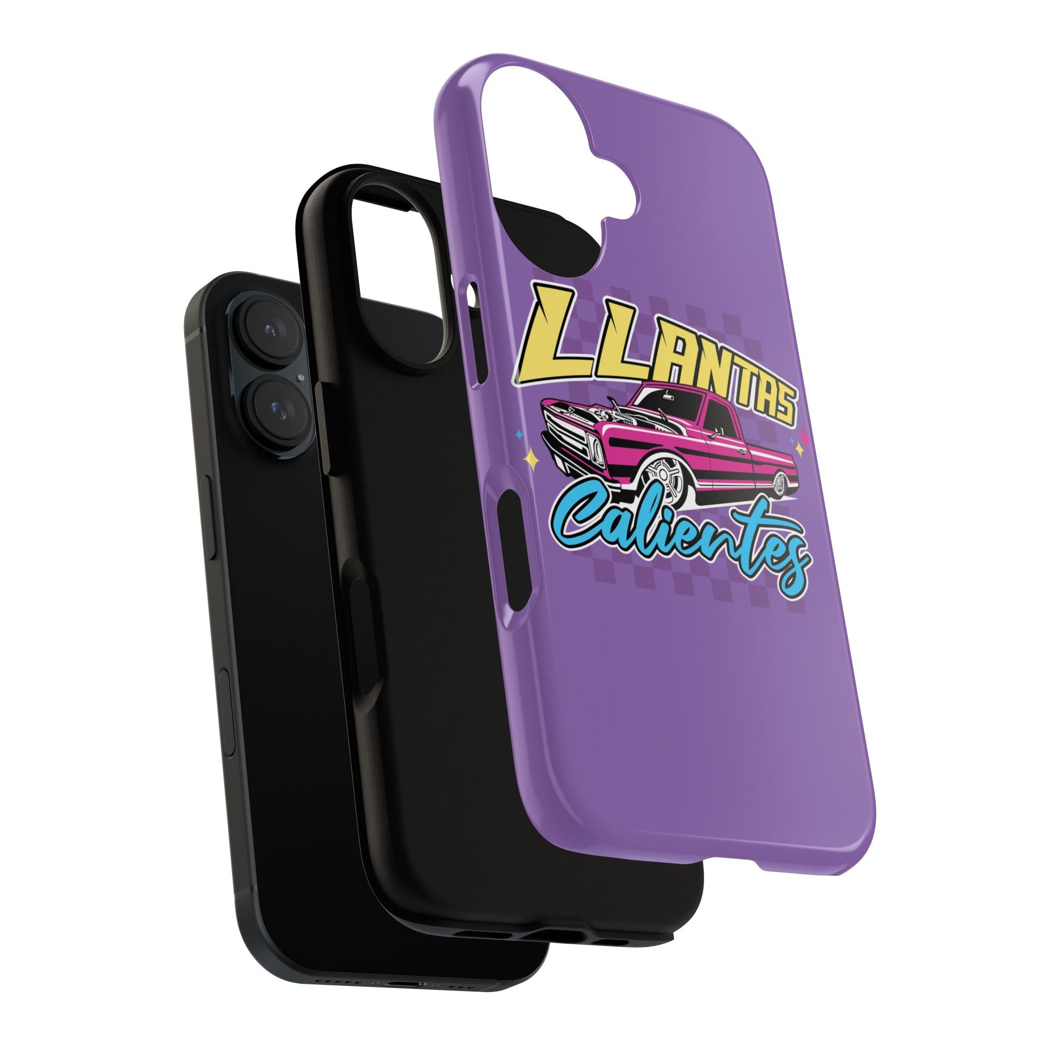 Protective iPhone case in purple featuring car enthusiast graphic