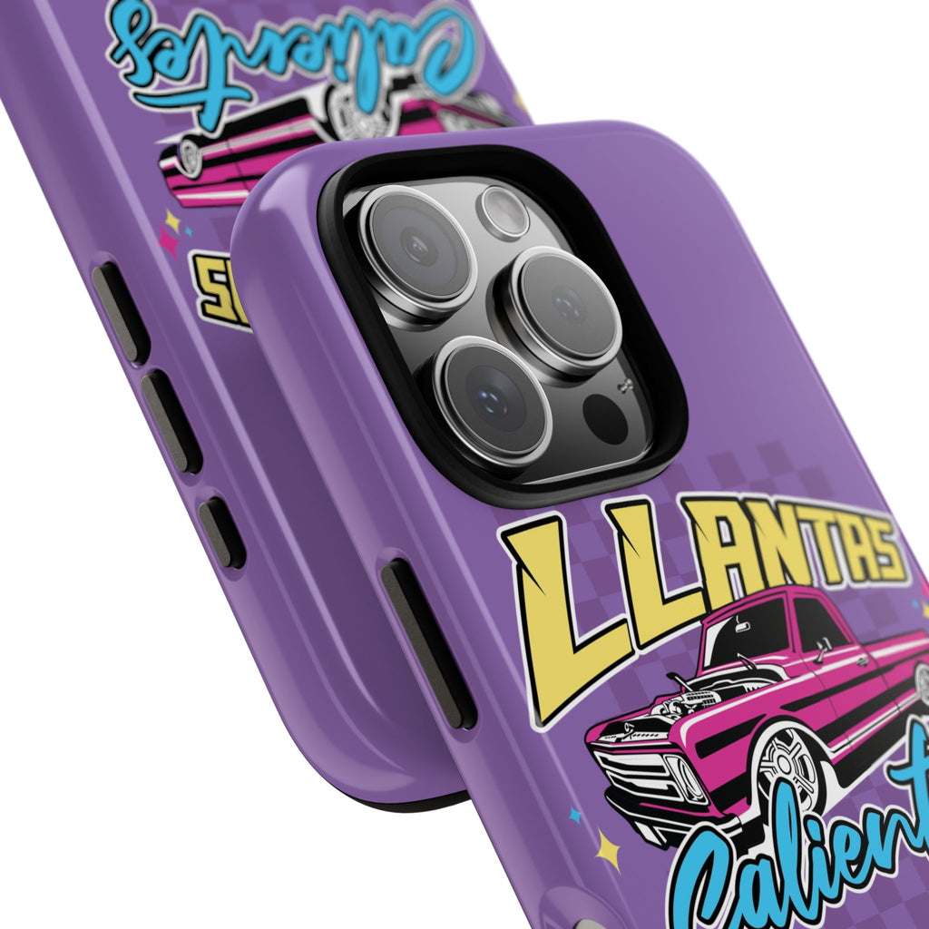 Protective iPhone case in purple featuring car enthusiast graphic
