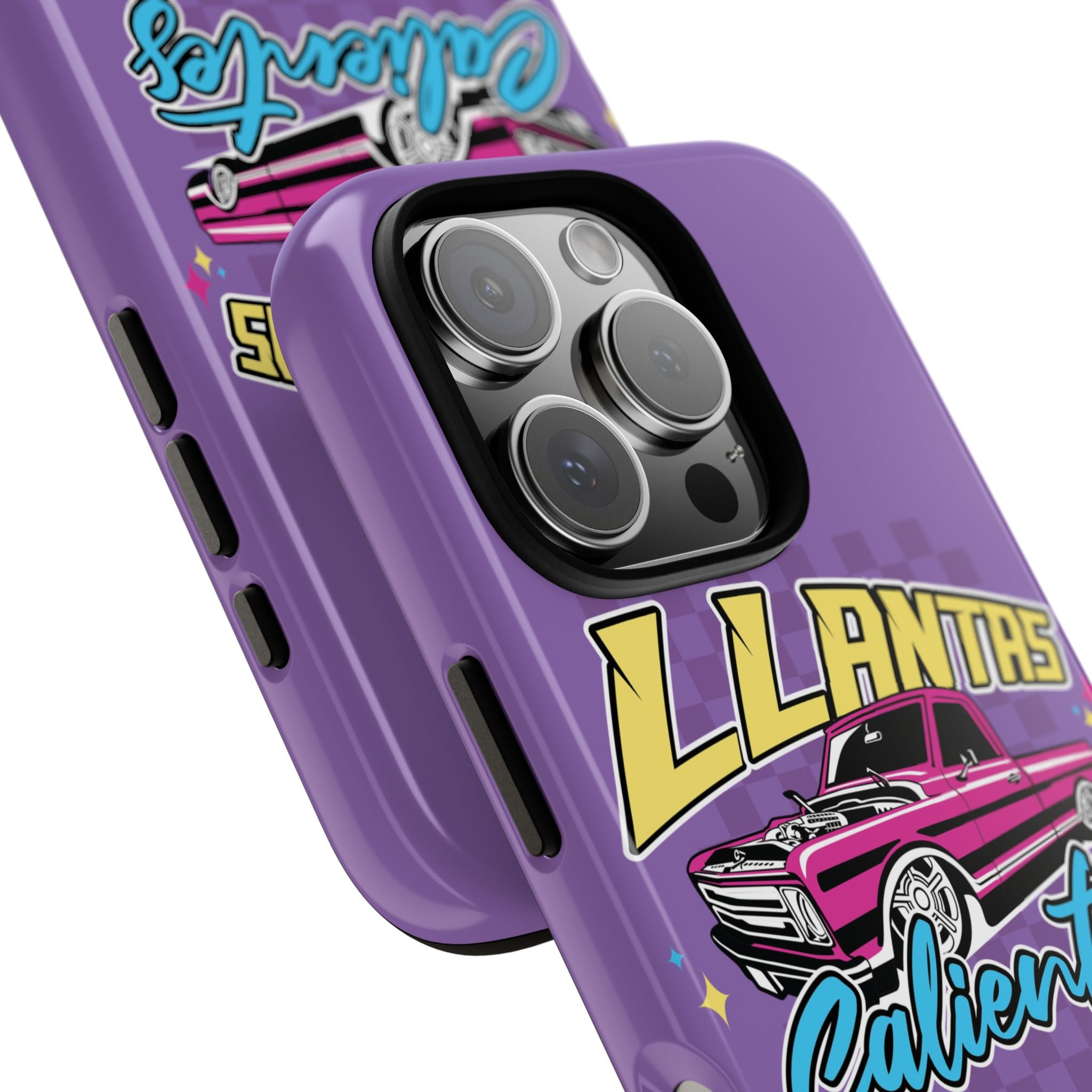 Protective iPhone case in purple featuring car enthusiast graphic