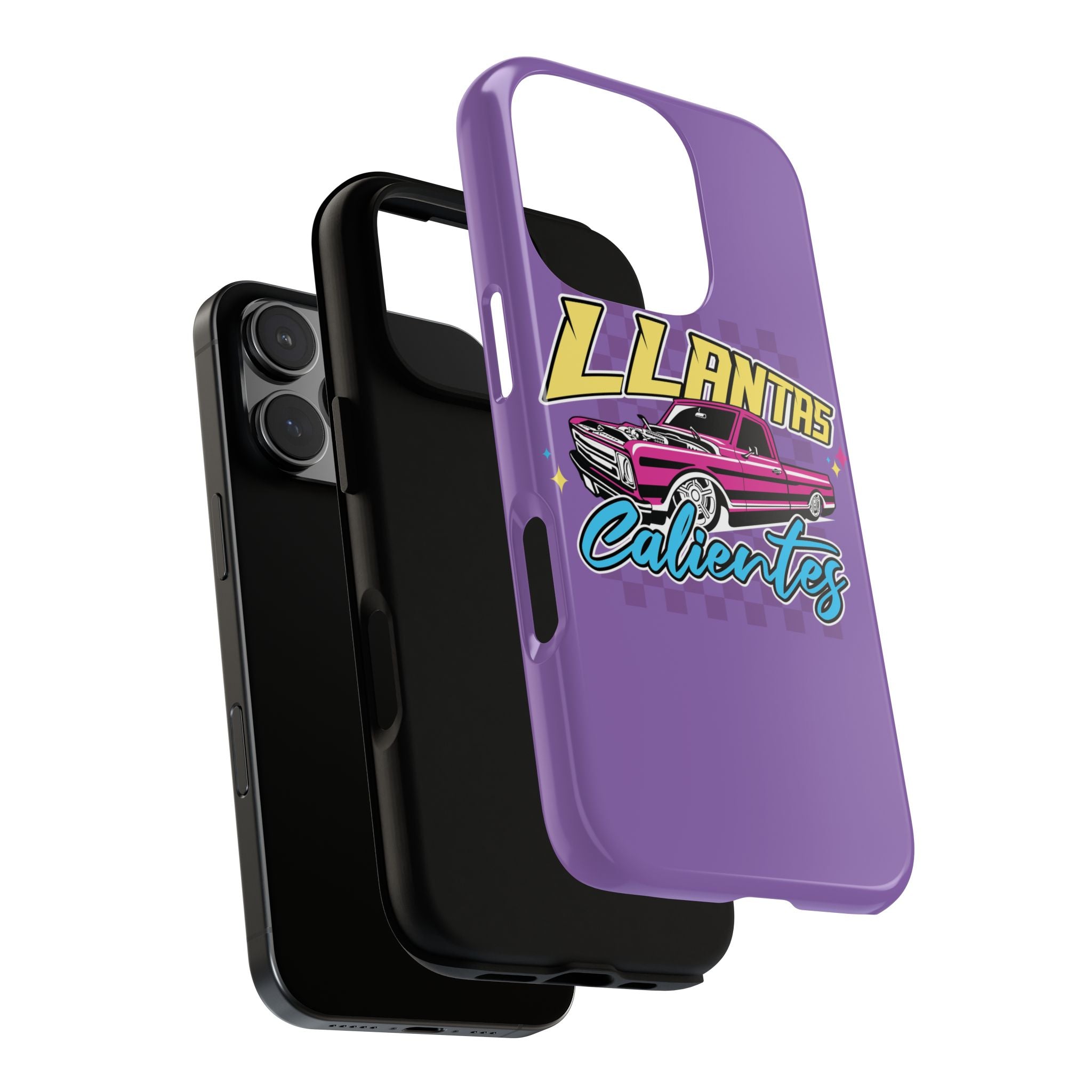 Stylish purple iPhone case with bold Llantas Calientes graphic