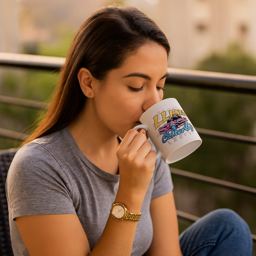 Llantas Calientes 11 oz ceramic coffee mug with colorful retro truck design