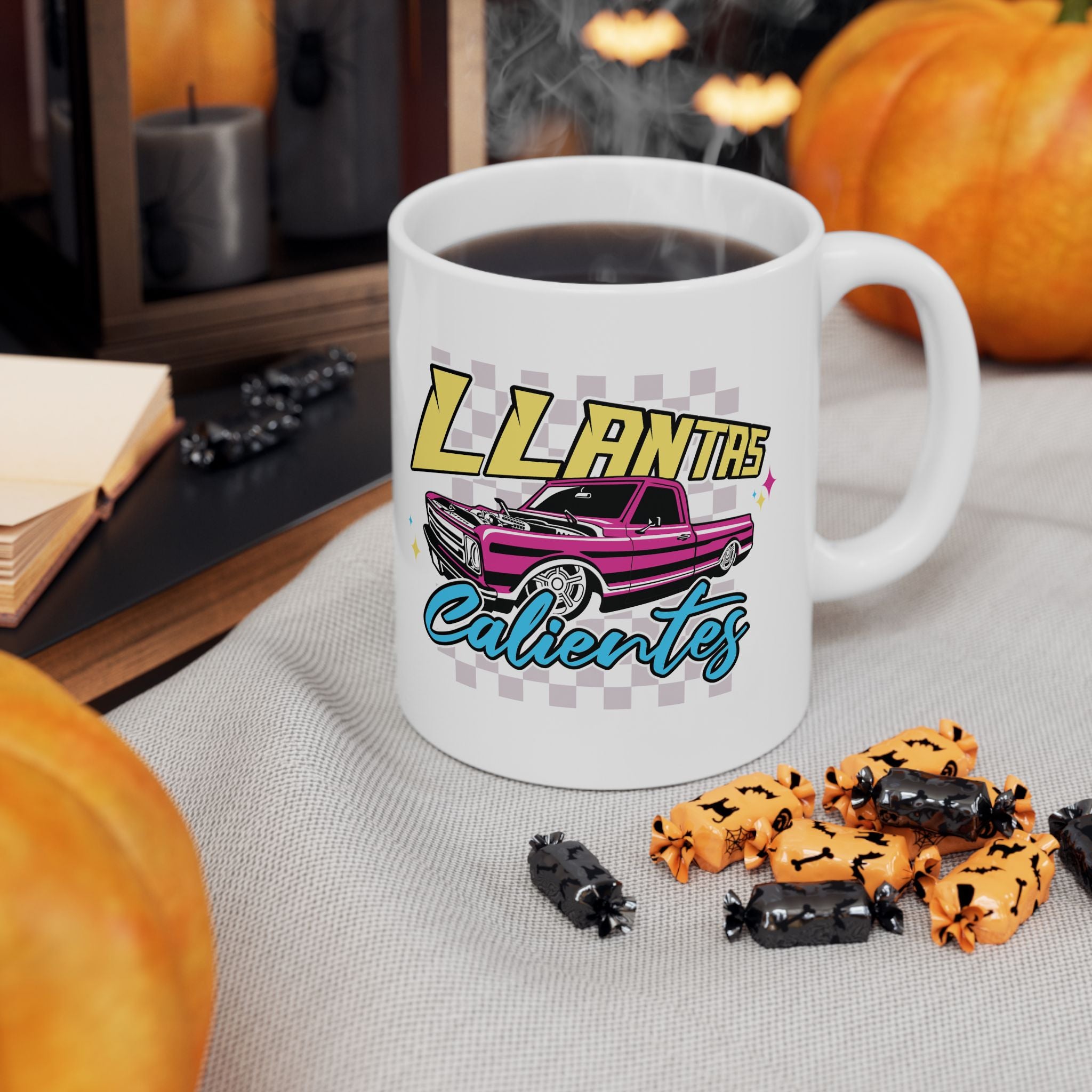 Durable 11 oz ceramic drinkware with vibrant car culture artwork