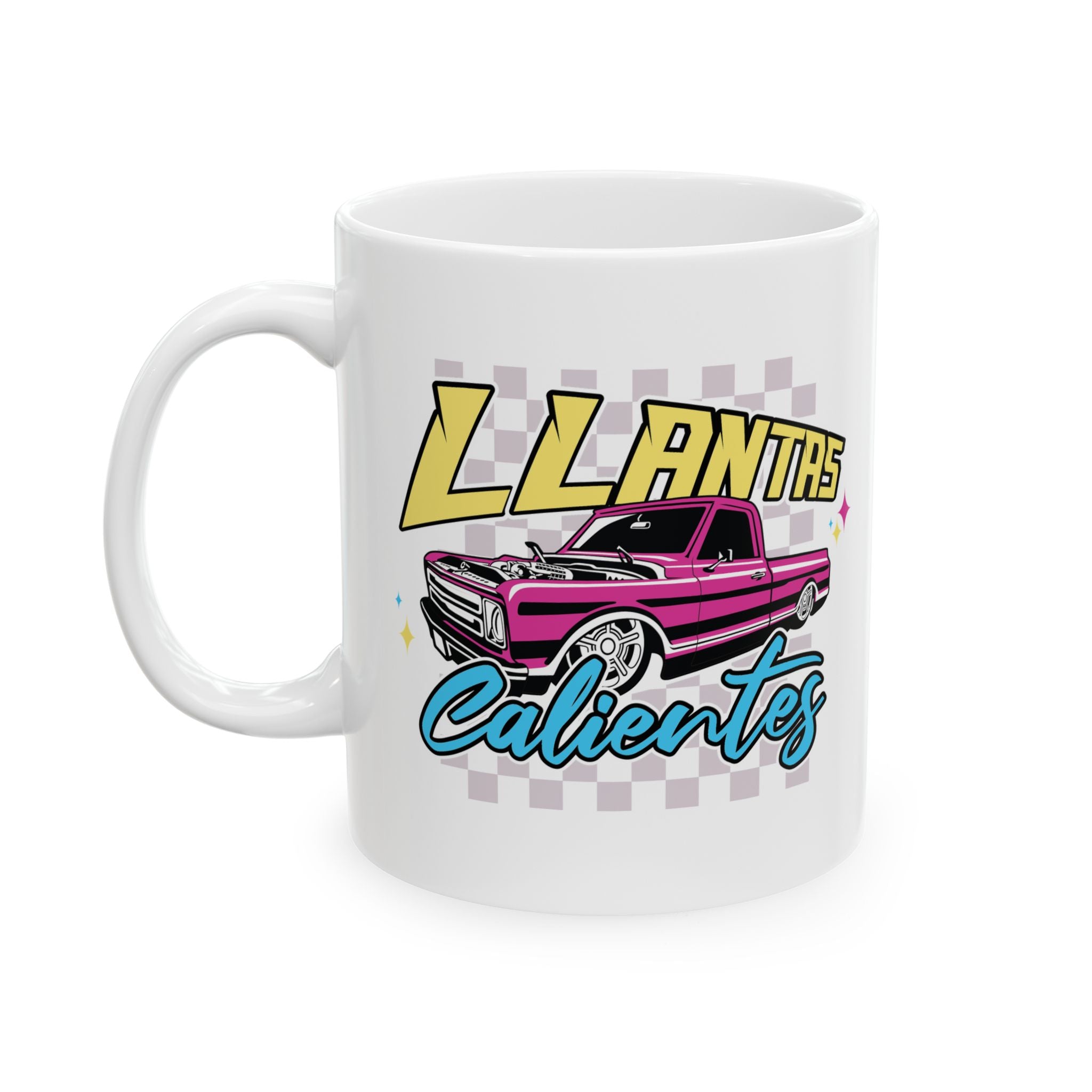White ceramic mug featuring paisa car culture artwork in vibrant colors
