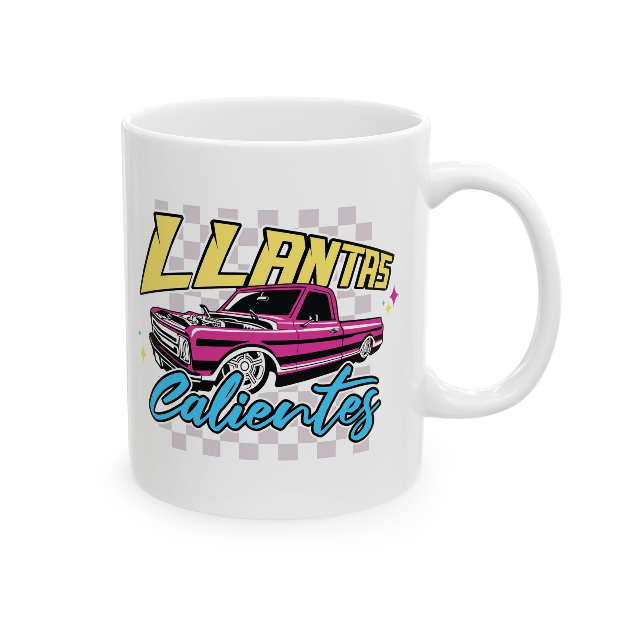 Durable 11 oz ceramic mug with bold retro lowrider truck graphic