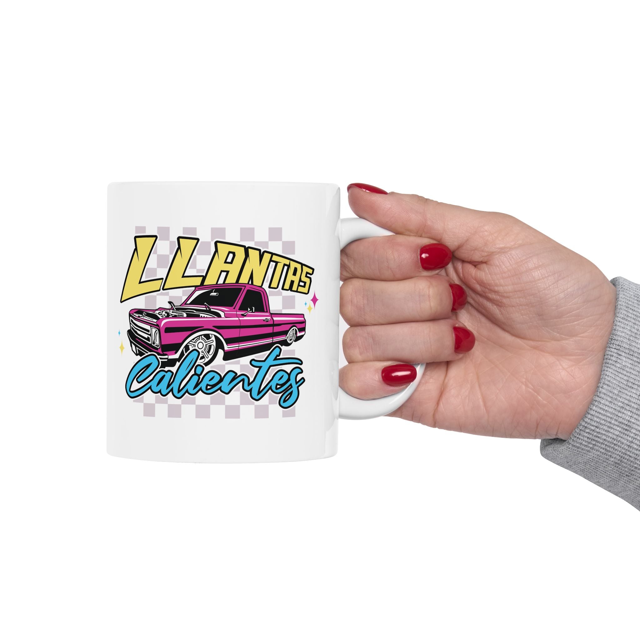 Stylish everyday coffee cup with Llantas Calientes automotive design