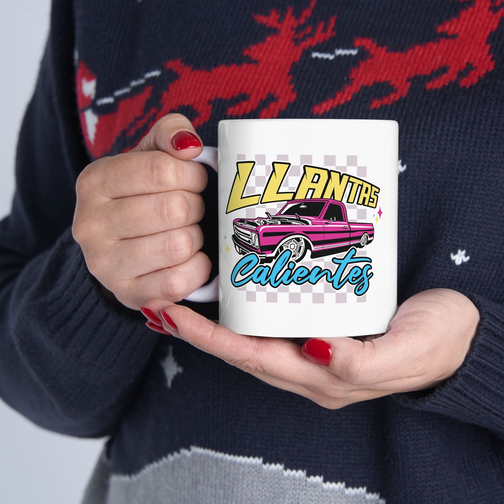 Trendy ceramic mug with colorful car culture artwork on white finish”