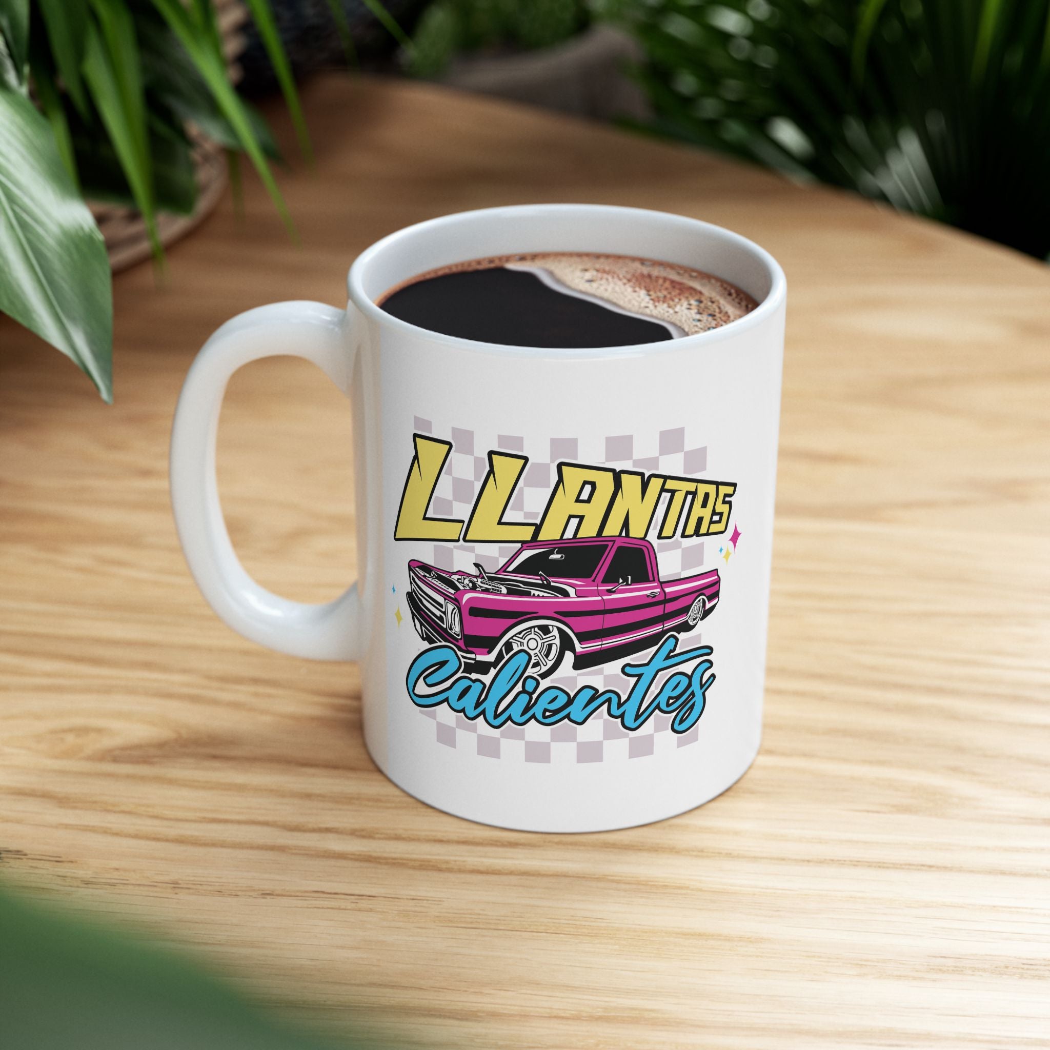 Llantas Calientes 11 oz coffee cup with colorful lowrider illustration
