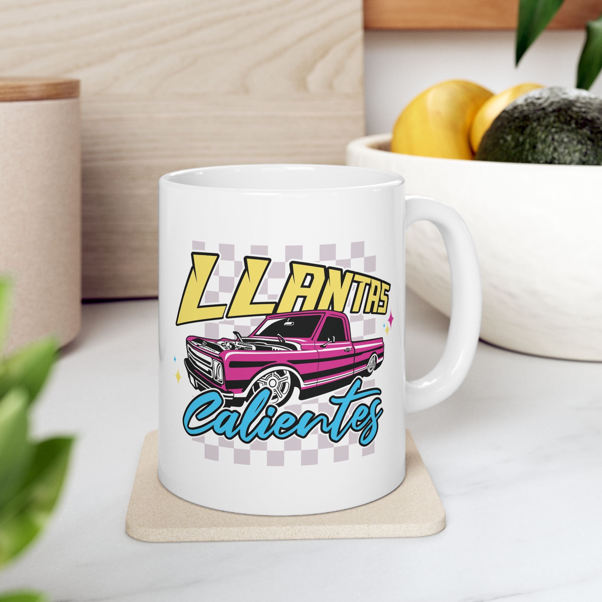 Unique cultural coffee mug with paisa-inspired retro truck design