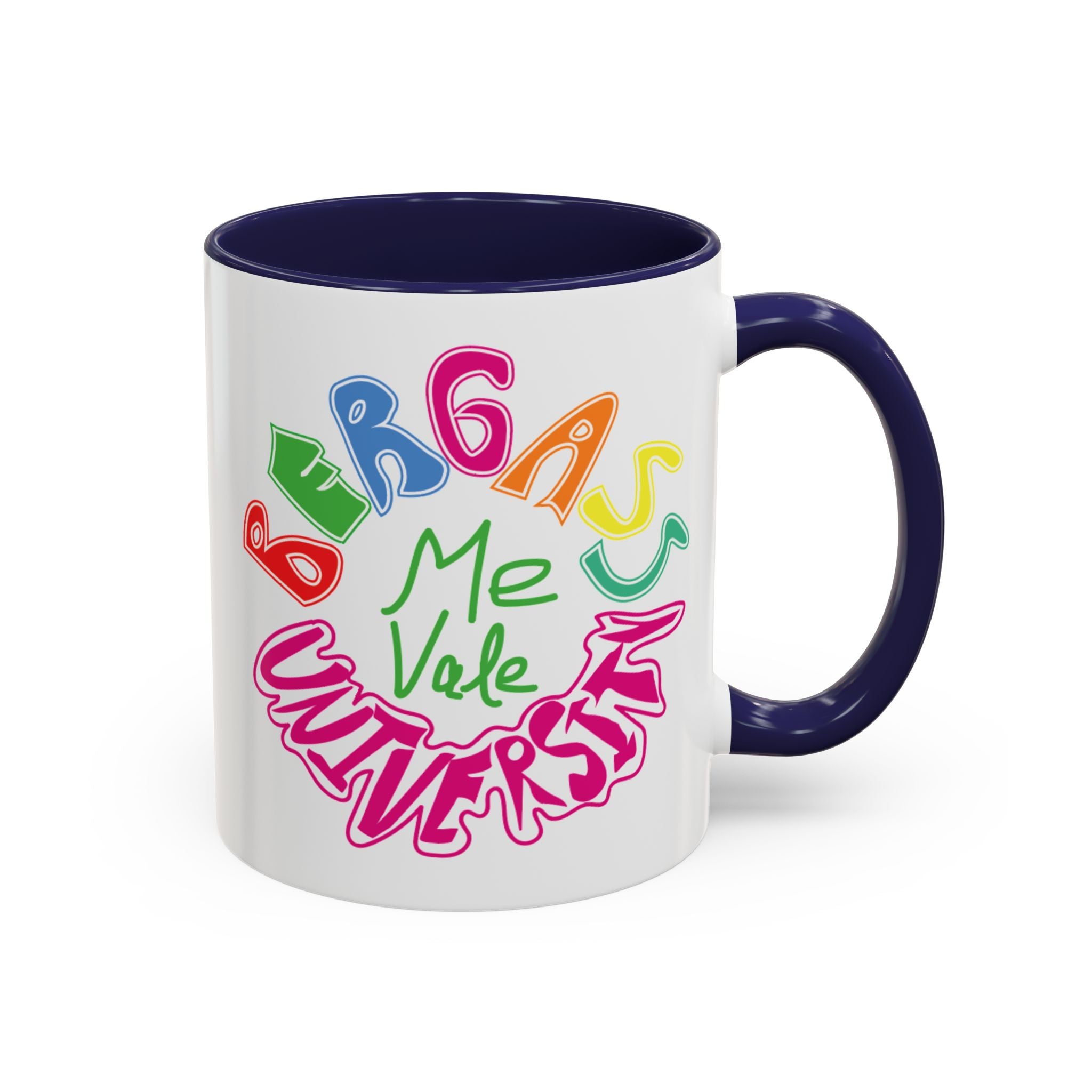 Vibrant ceramic coffee mug with cultural pride slogan Me Vale Bergass University