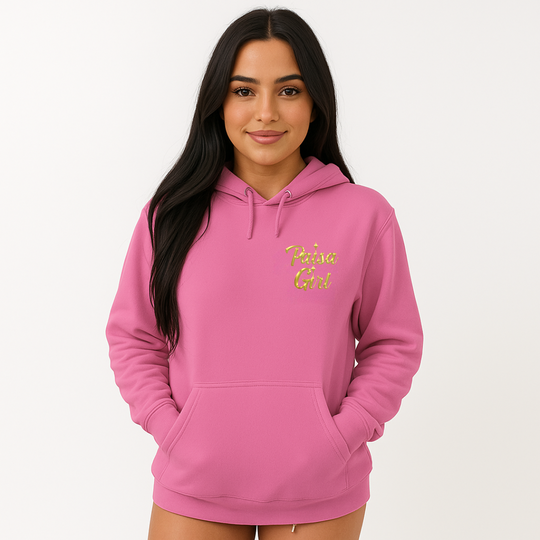 Photorealistic paisa girl sweater hoodie modeled in couture streetwear style