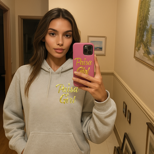 Latina couture model in paisa girl sweater hoodie with hood down.