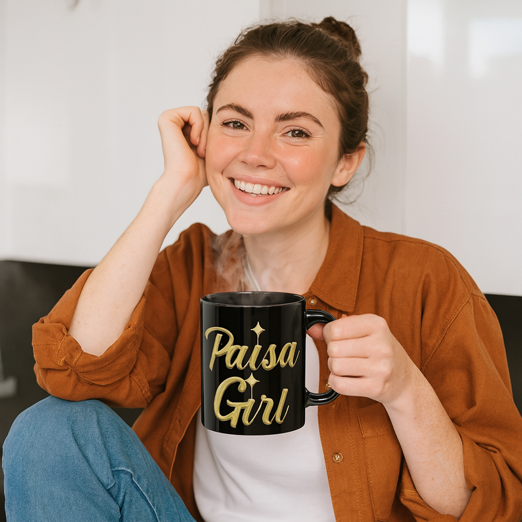 photorealistic lifestyle image of a young Hispanic woman sitting in a modern kitchen, smiling warmly while holding a paisa black ceramic mug