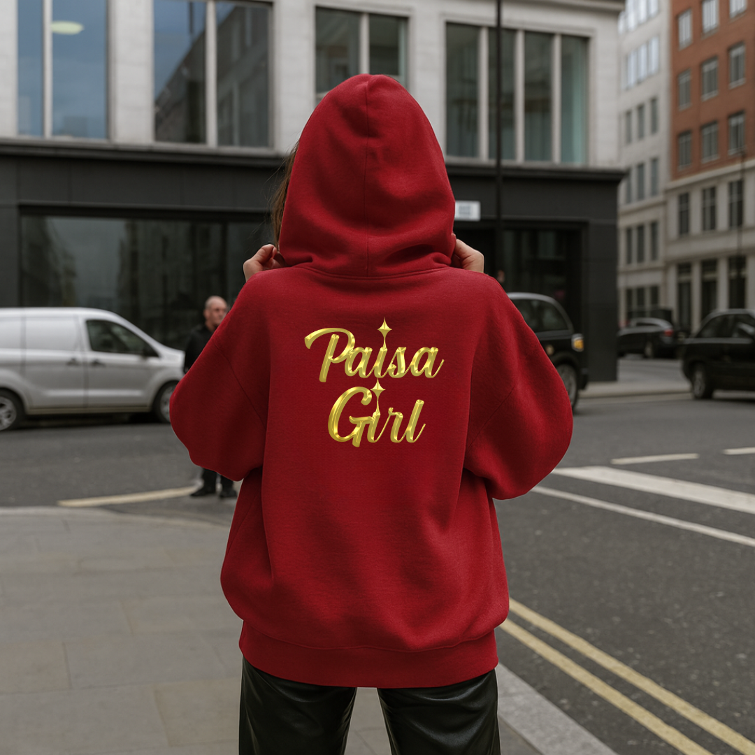 Back view of paisa girl sweater hoodie with crisp custom design visible.