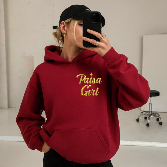 Latina couture model in paisa girl sweater hoodie with hood down.