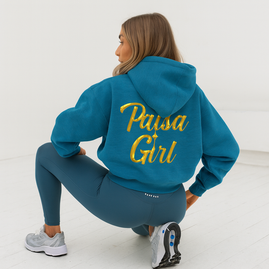 Back view of paisa girl sweater hoodie with crisp custom design visible.