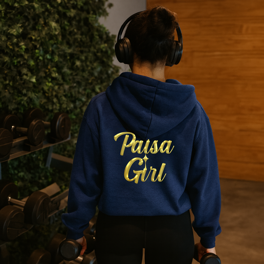 Back view of paisa girl sweater hoodie with crisp custom design visible.