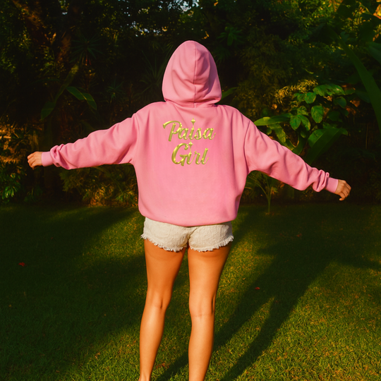 Back view of paisa girl sweater hoodie with crisp custom design visible.