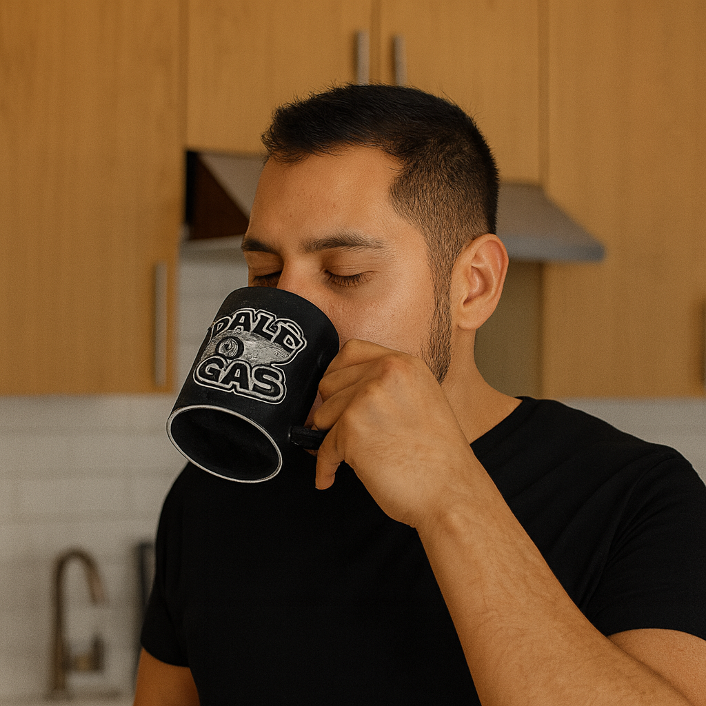 Dalè Gas black ceramic coffee mug with racing car culture slogan