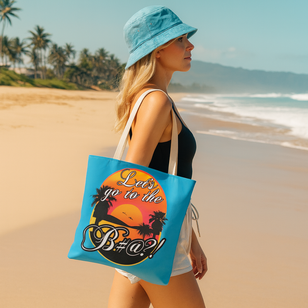 Turquoise Let’s Go to the Bitch Tote Bag with colorful embroidered sunset and palm tree design