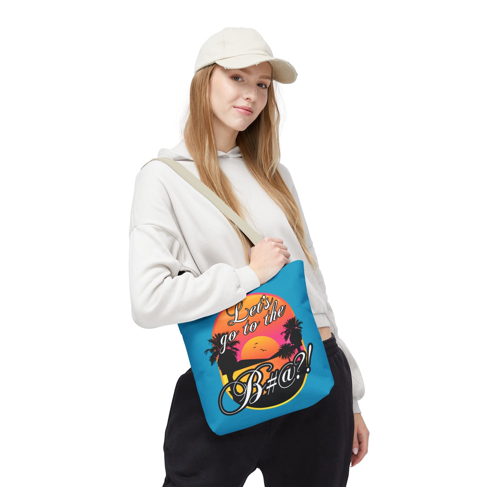 Turquoise Let’s Go to the B#@! Tote Bag, Spacious purple tote bag with humorous embroidered beach design