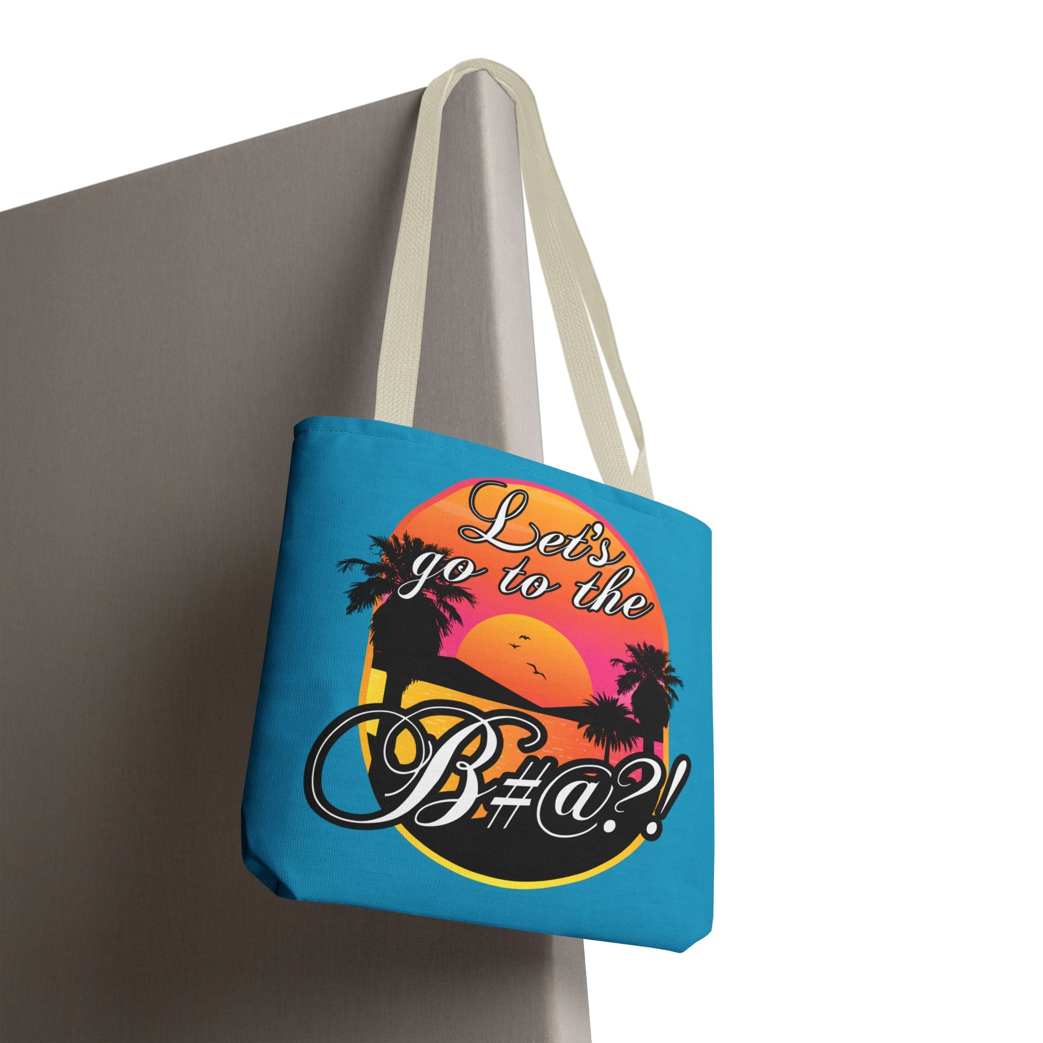 Turquoise Let’s Go to the Bitch Tote Bag, Let’s Go to the Bitch turquoise tote bag with bold tropical sunset and palm embroidery”