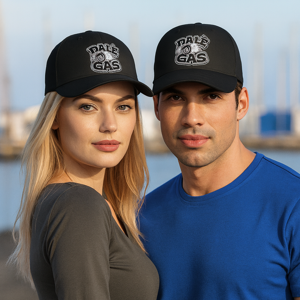 Two people wearing black caps with 'Dale of Gas' logo against a blurred outdoor background
