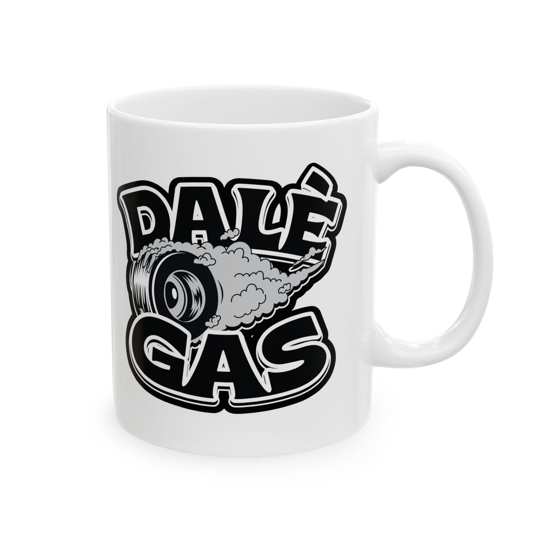 Close-up of Dalè Gas Black white ceramic coffee mug with sharp logo print
