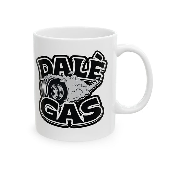 Close-up of Dalè Gas Black white ceramic coffee mug with sharp logo print