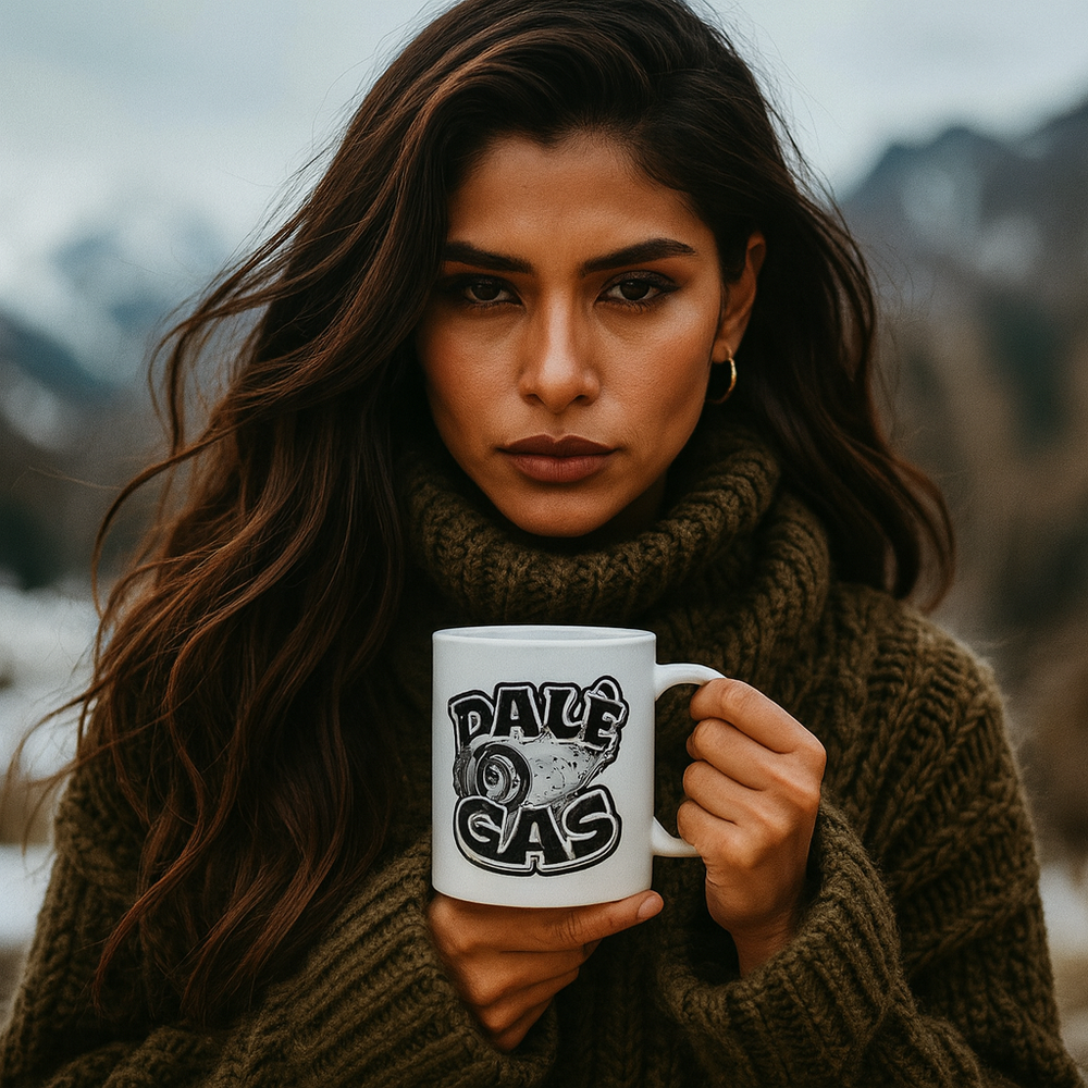 Dalè Gas Black white ceramic coffee mug held by Hispanic female model outdoors