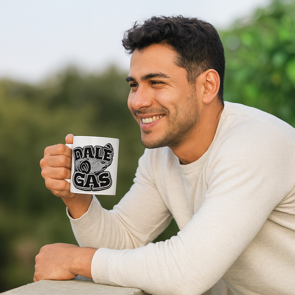 Dalè Gas Black white ceramic coffee mug held by Hispanic male model outdoors