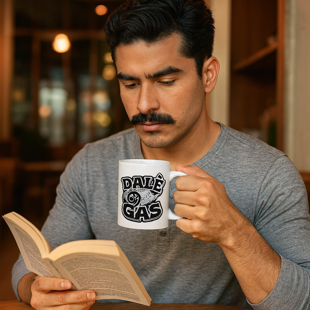 Dalè Gas Black white ceramic coffee mug held by Hispanic male model indoors