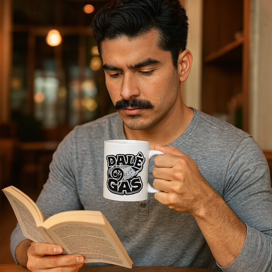 Dalè Gas Black white ceramic coffee mug held by Hispanic male model indoors