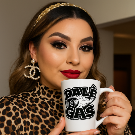 Dalè Gas white ceramic latte mug held by Hispanic female couture model