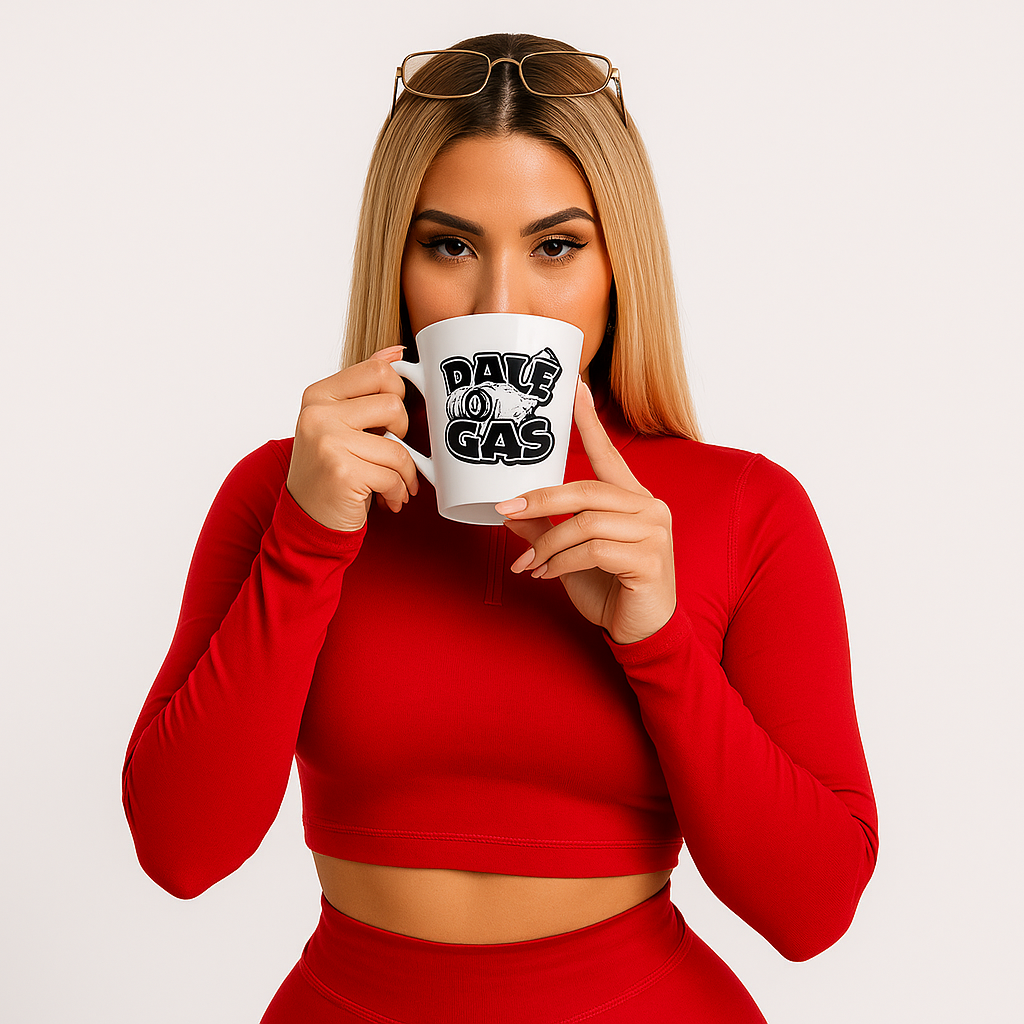 Dalè Gas white ceramic latte mug held by Hispanic female couture model