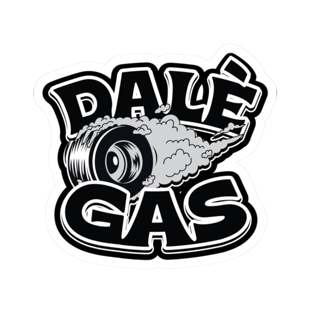 Close-up of Dalè Gas sticker with bold tire burnout art