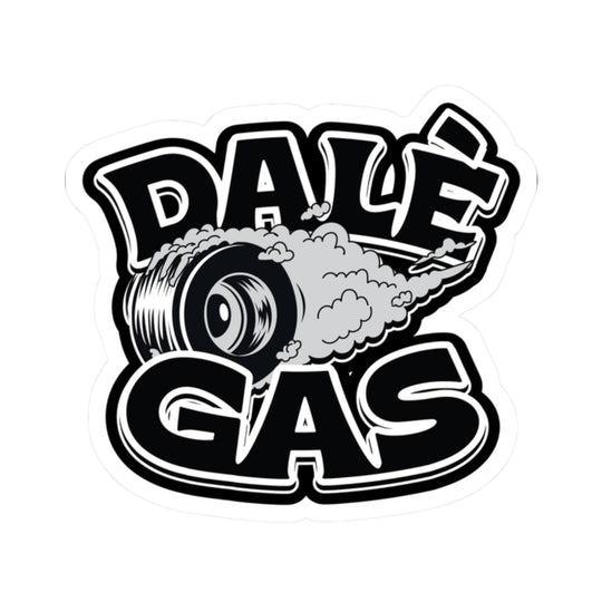 Close-up of Dalè Gas sticker with bold tire burnout art