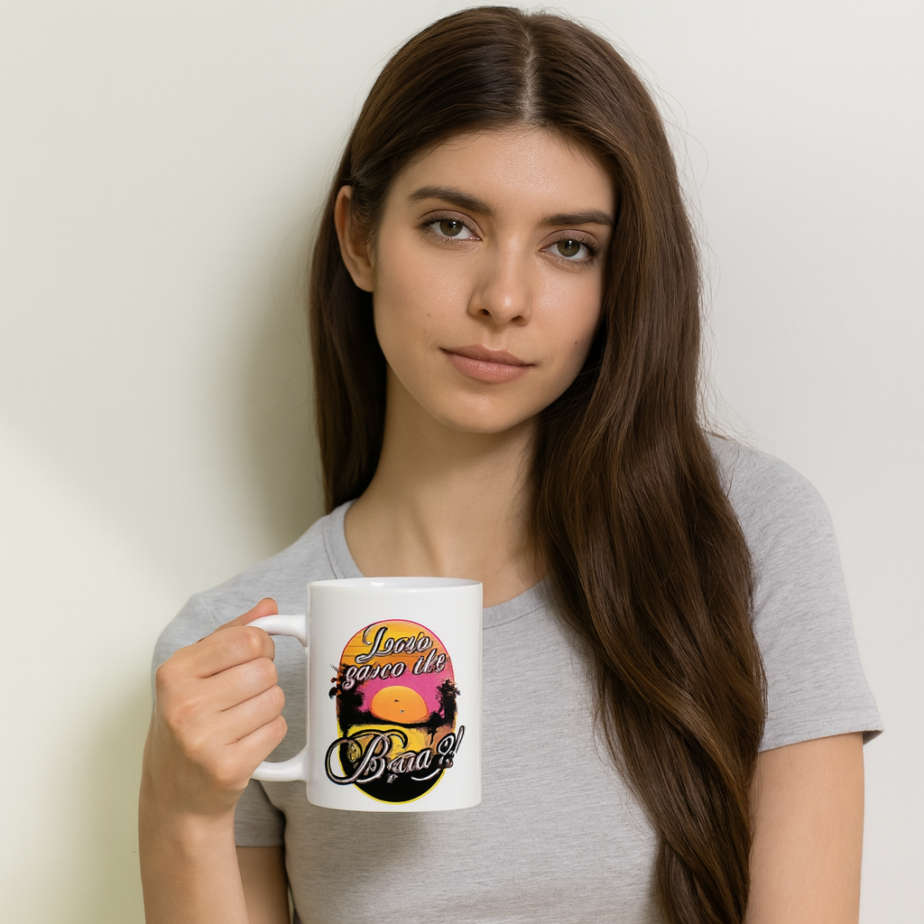 Lets go to the bitch white ceramic mug with tropical sunset palm tree design