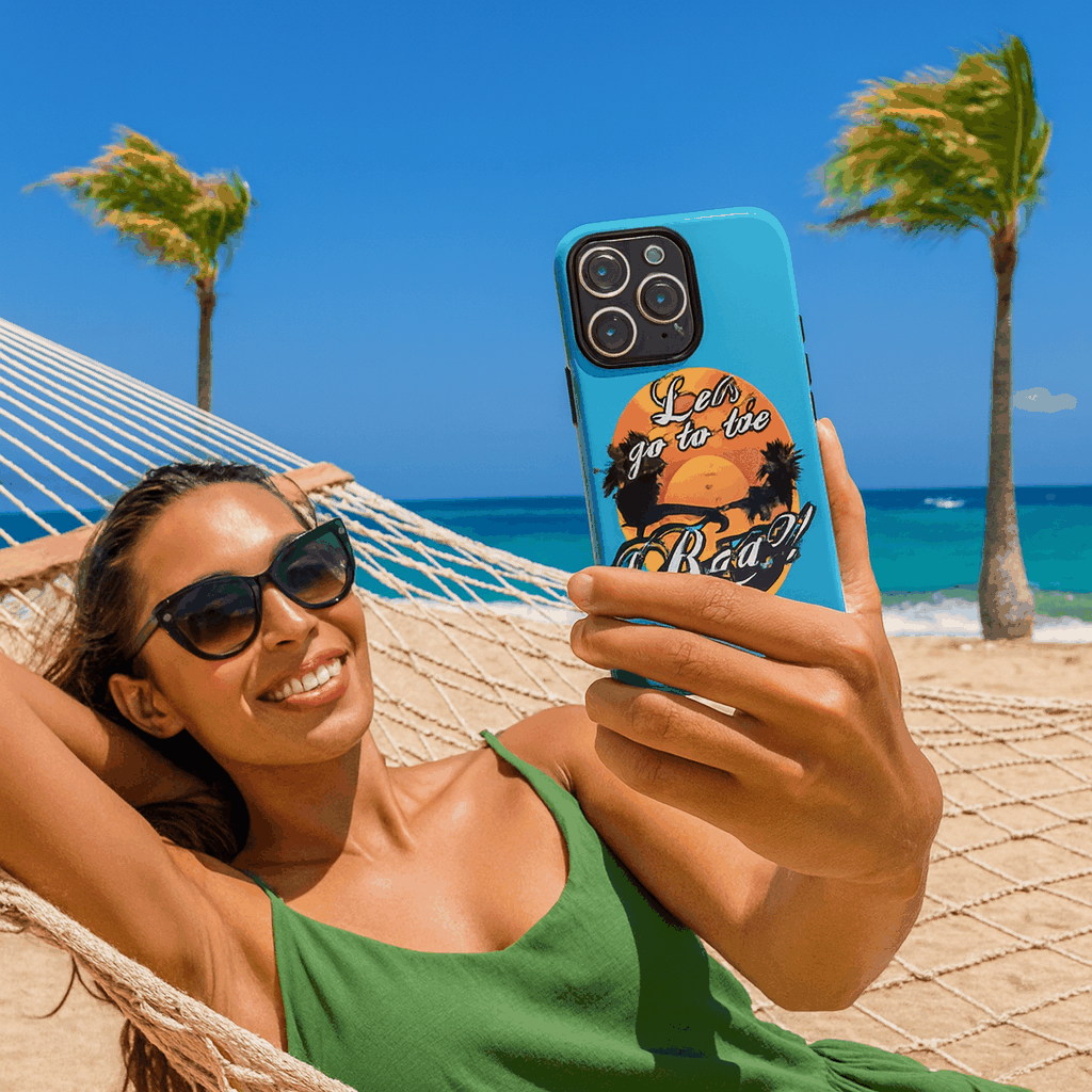 Let’s Go to the B#@! Turquoise iPhone case with tropical sunset and palm design