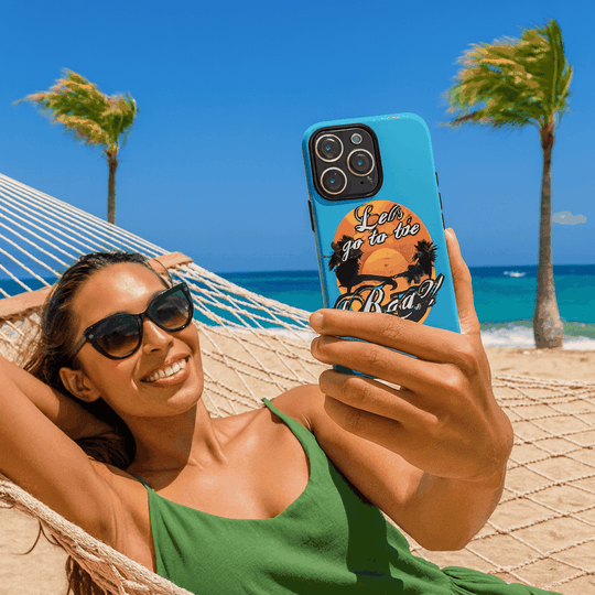 Let’s Go to the B#@! Turquoise iPhone case with tropical sunset and palm design