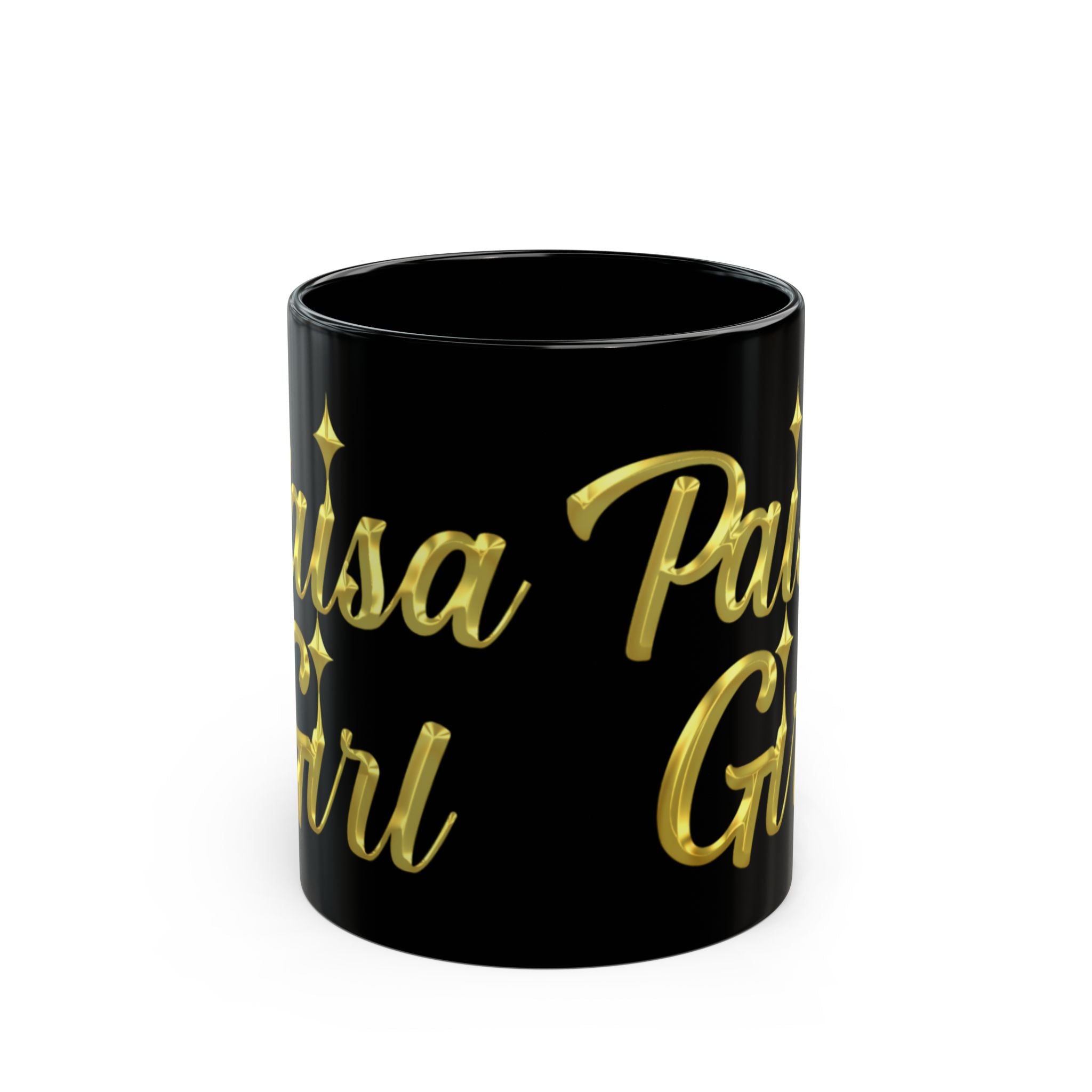 Lifestyle image of paisa black ceramic mug centered in hands of a young Hispanic woman, showcasing gold lettering against black ceramic