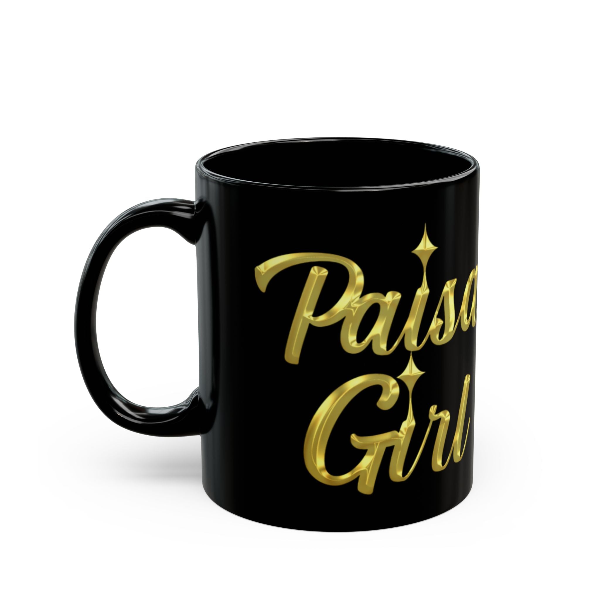 Paisa black ceramic mug with gold Paisa Girl lettering captured in professional lifestyle photography, symbolizing pride, heritage, and comfort
