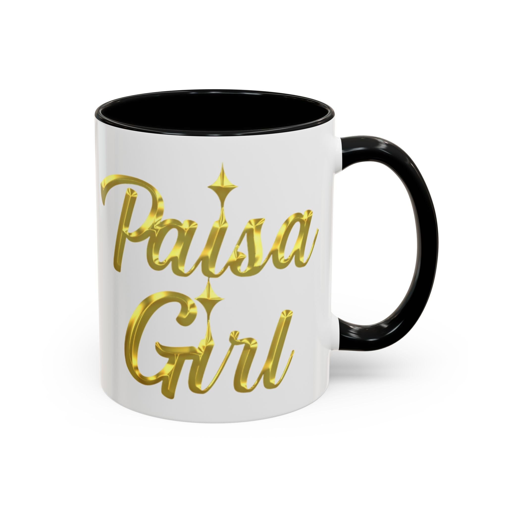 Close-up of ceramic Paisa Girl mug with golden text design, paisa girl accent mug black