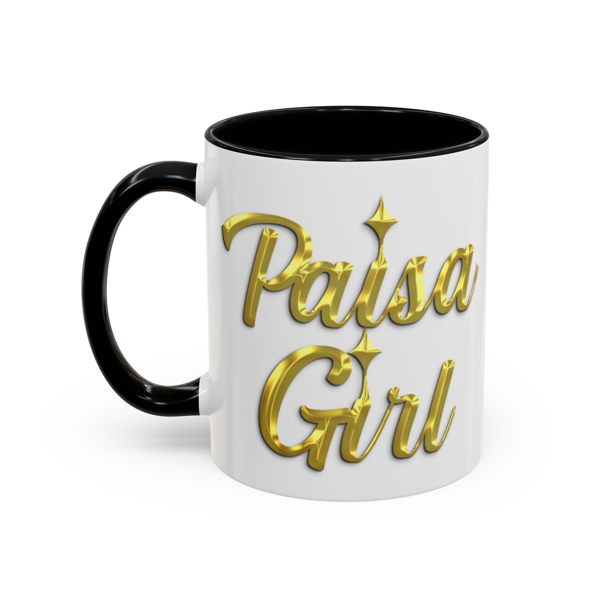 Close-up of ceramic Paisa Girl mug with golden text design, paisa girl accent mug black