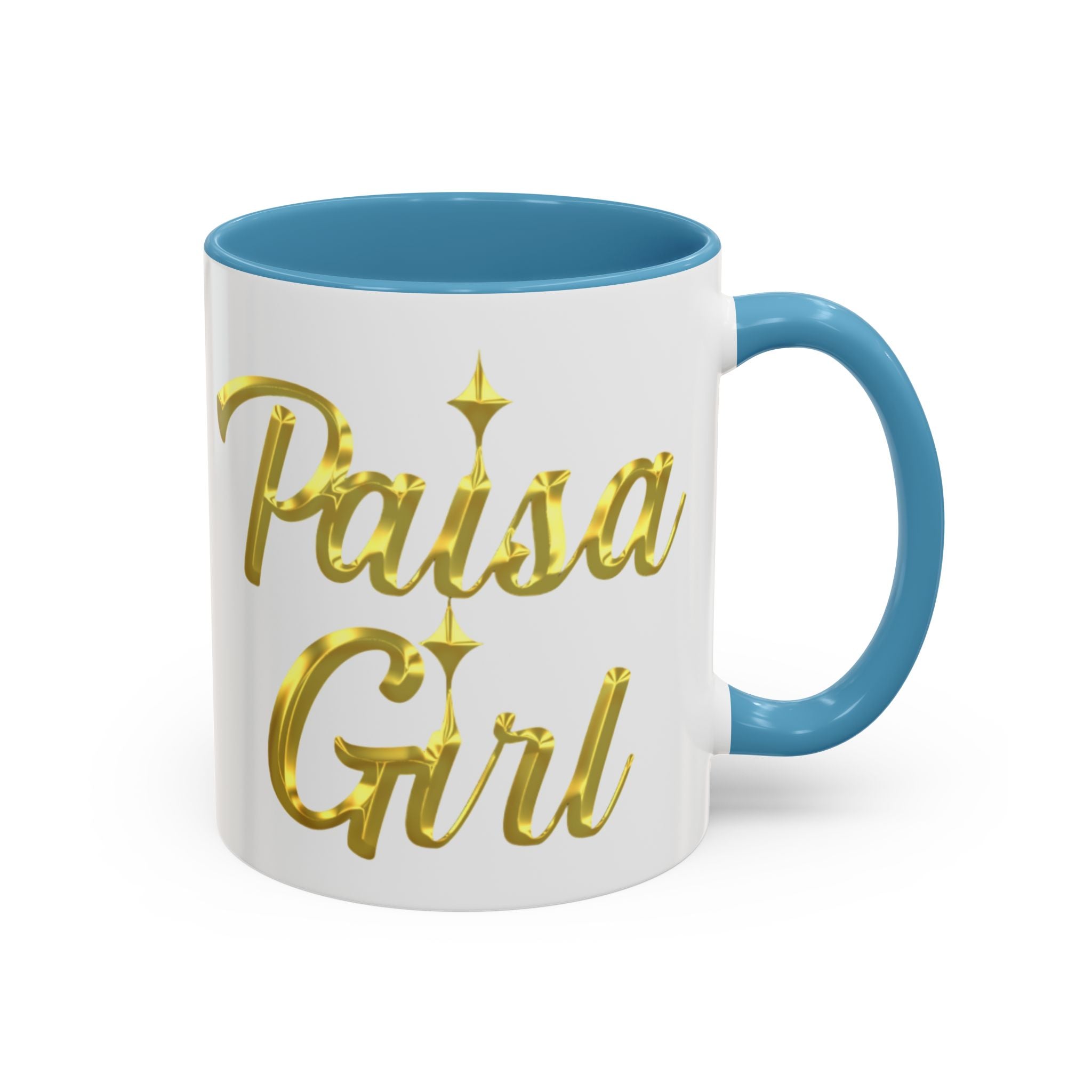 Close-up of ceramic Paisa Girl mug with golden text design, paisa girl accent mug light blue