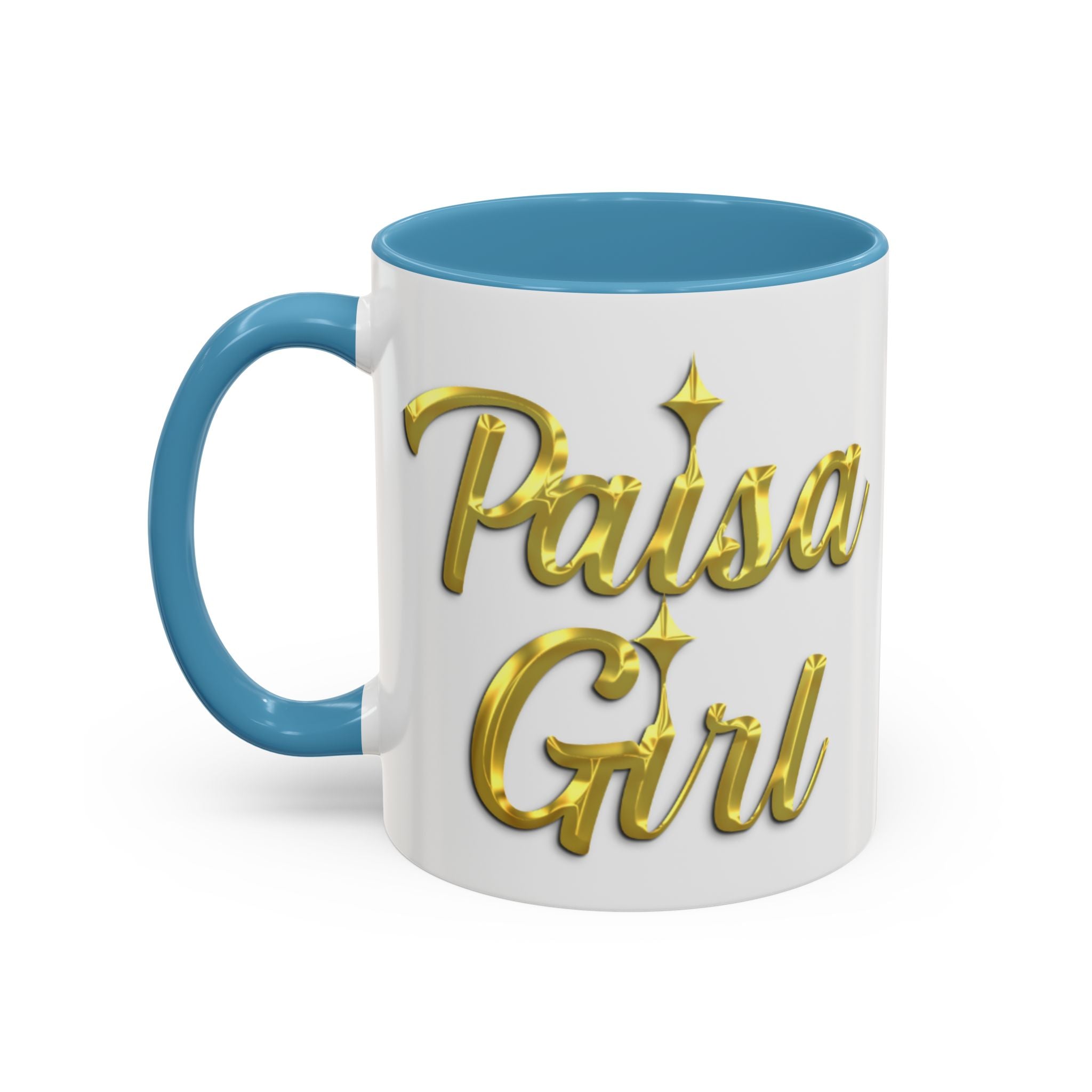 Close-up of ceramic Paisa Girl mug with golden text design, paisa girl accent mug light blue