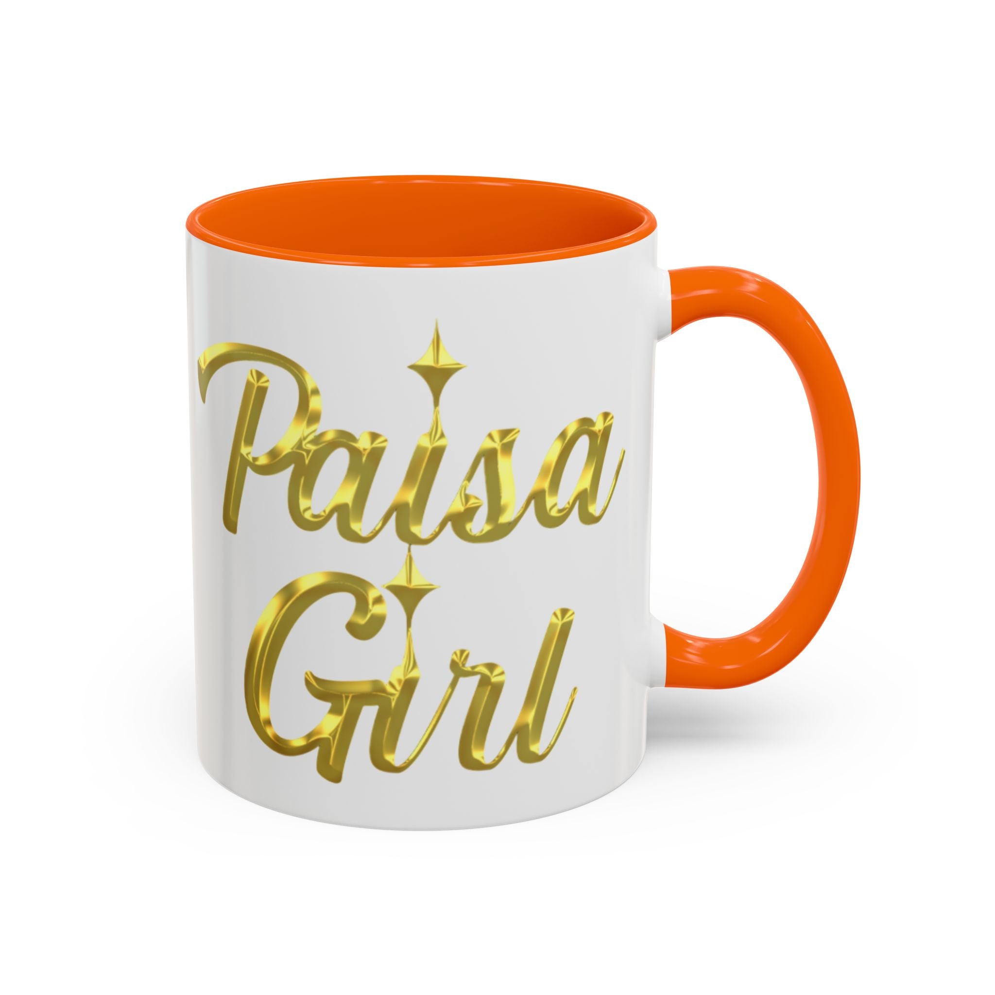 Close-up of ceramic Paisa Girl mug with golden text design, paisa girl accent mug orange