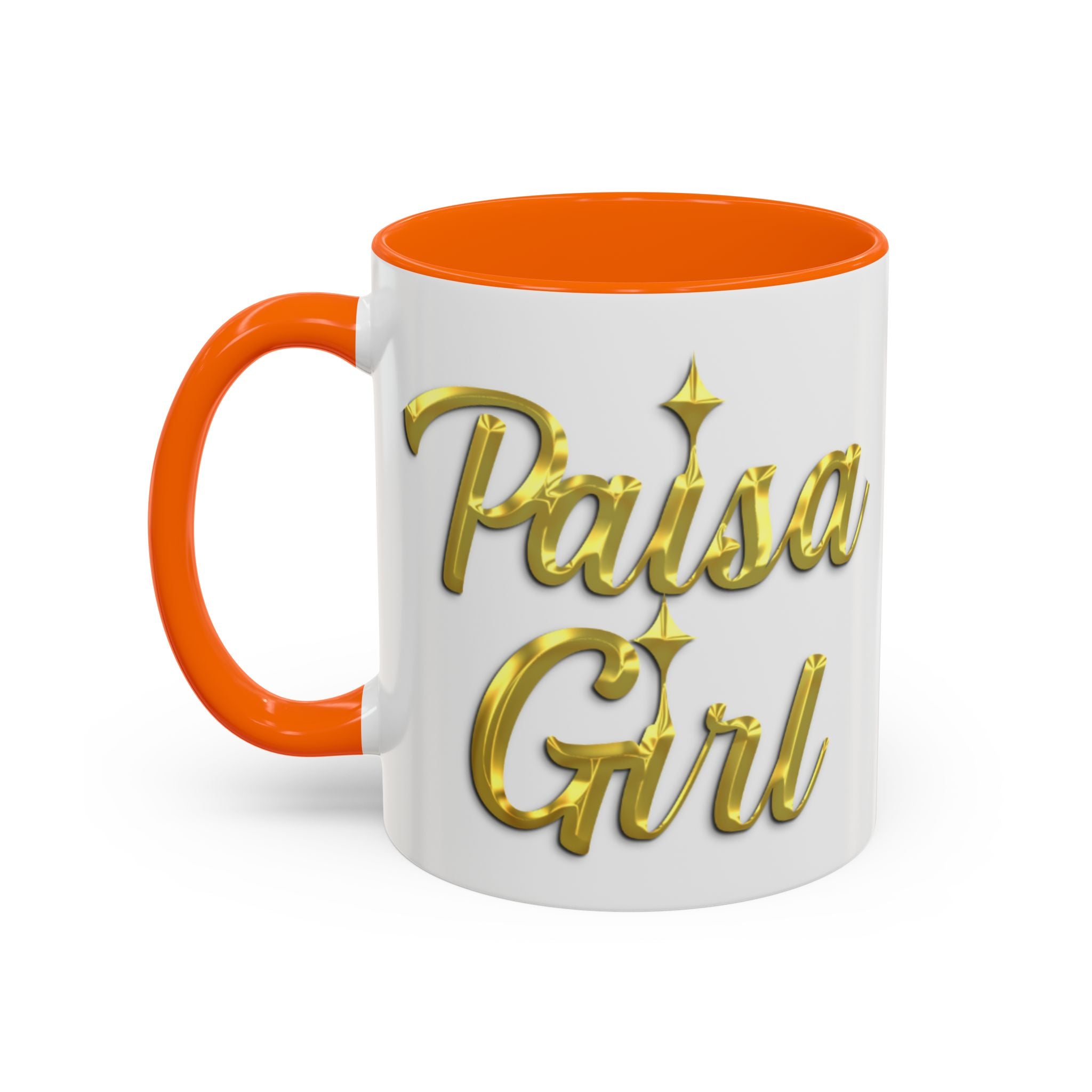Close-up of ceramic Paisa Girl mug with golden text design, paisa girl accent mug orange