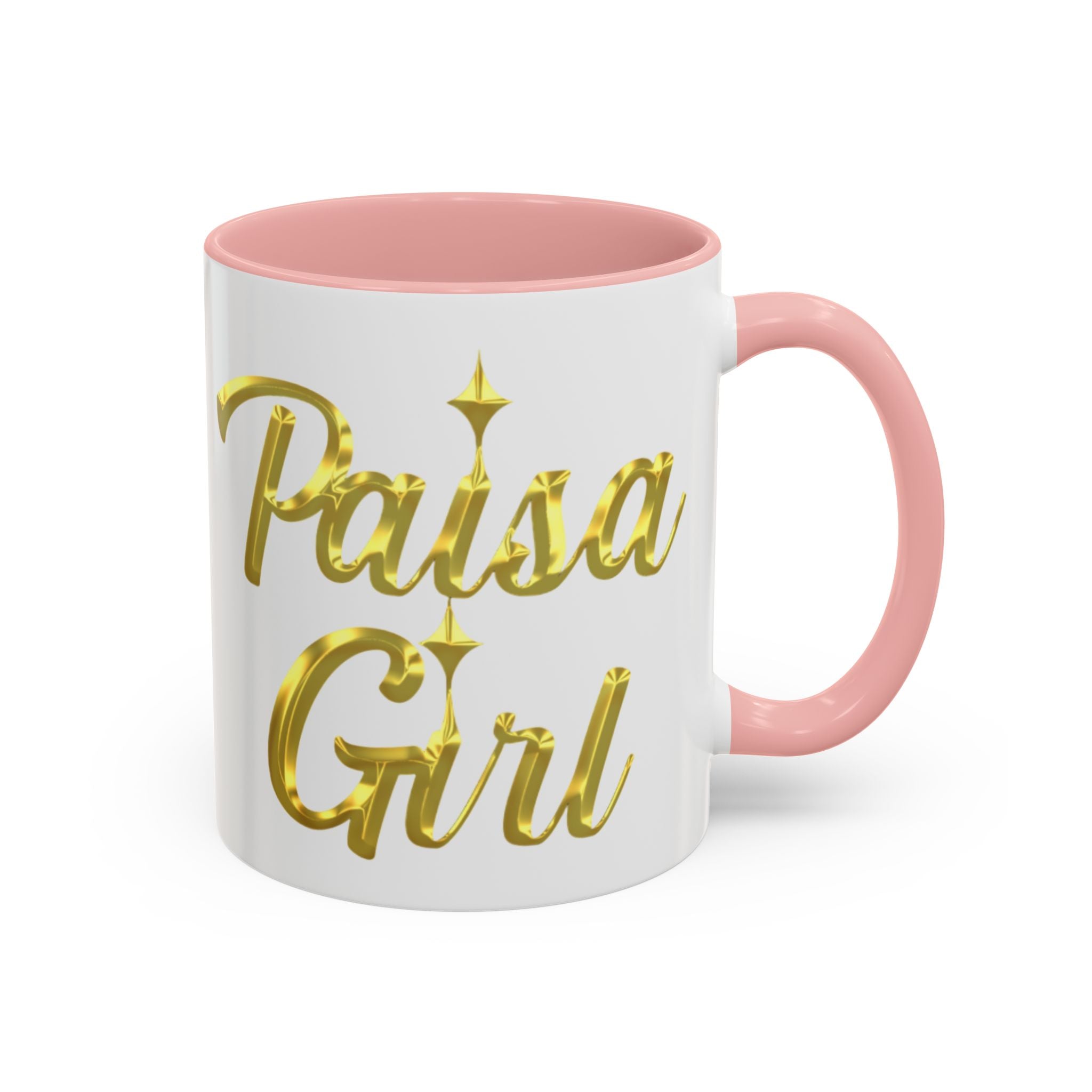 Pink-accent Paisa Girl coffee cup on wooden table with warm daylight ,paisa girl accent mug pink