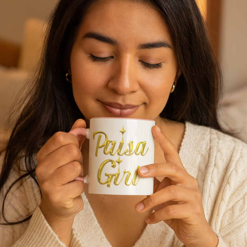 Hispanic woman holding Paisa Girl accent mug sipping coffee indoors – paisa girl accent mug pink